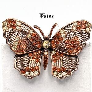 Vintage Weiss Butterfly Brooch, Copper Plated, Clear Orange Rhinestones, 1960s